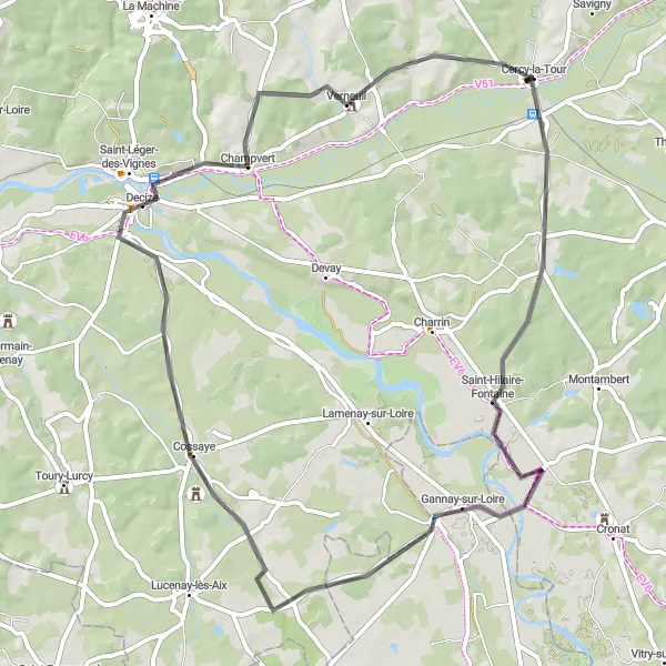 Map miniature of "Countryside and Loire River" cycling inspiration in Bourgogne, France. Generated by Tarmacs.app cycling route planner