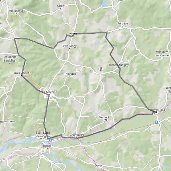 Map miniature of "Champvert Exploration" cycling inspiration in Bourgogne, France. Generated by Tarmacs.app cycling route planner