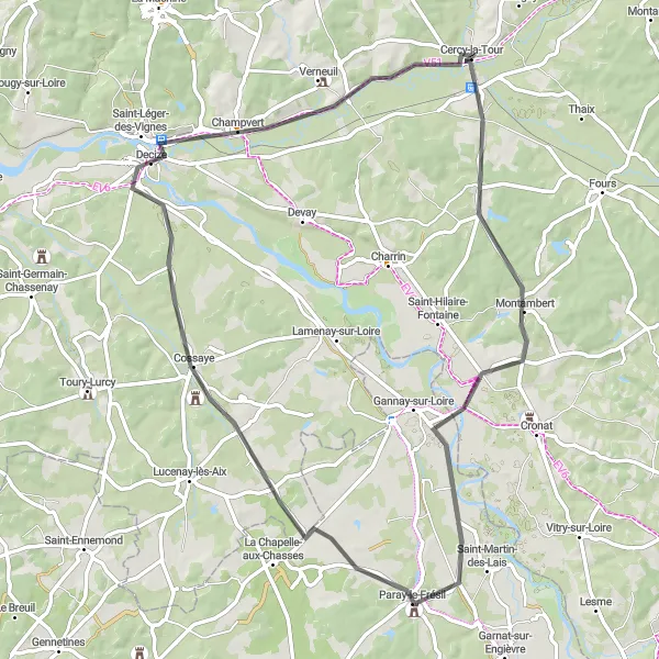 Map miniature of "The Montambert Loop" cycling inspiration in Bourgogne, France. Generated by Tarmacs.app cycling route planner