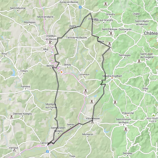 Map miniature of "Château de Chandioux Adventure" cycling inspiration in Bourgogne, France. Generated by Tarmacs.app cycling route planner