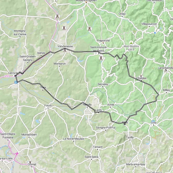 Map miniature of "Explore the Natural Beauty of Morvan" cycling inspiration in Bourgogne, France. Generated by Tarmacs.app cycling route planner