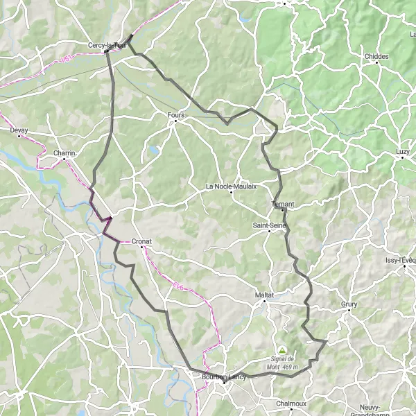 Miniature de la carte de l'inspiration cycliste "Parcours sportif à travers les collines de Bourgogne" dans la Bourgogne, France. Générée par le planificateur d'itinéraire cycliste Tarmacs.app