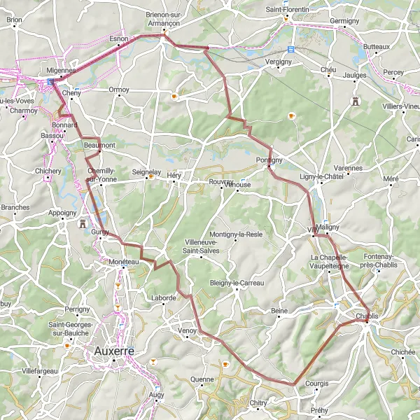 Map miniature of "Gravel Escape in Bourgogne" cycling inspiration in Bourgogne, France. Generated by Tarmacs.app cycling route planner