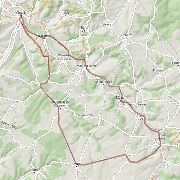 Map miniature of "Chablis Gravel Discovery" cycling inspiration in Bourgogne, France. Generated by Tarmacs.app cycling route planner