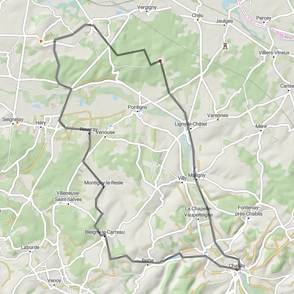 Map miniature of "Bourgogne's Hidden Gems" cycling inspiration in Bourgogne, France. Generated by Tarmacs.app cycling route planner