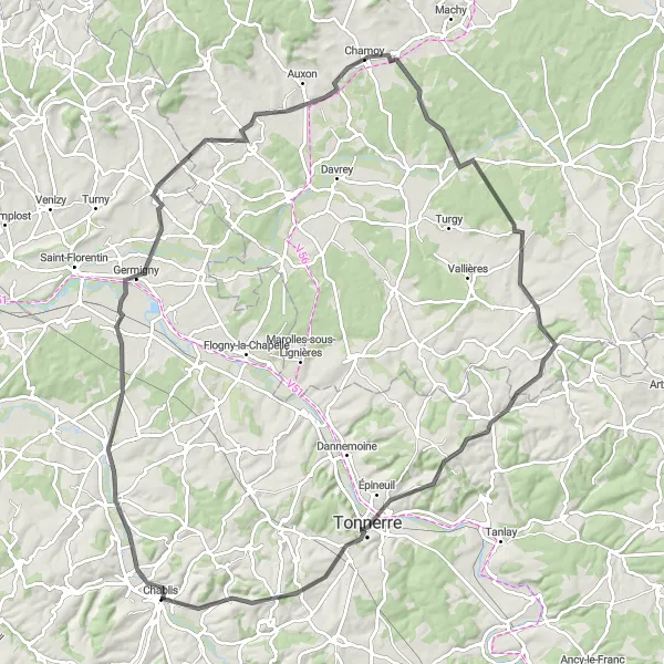 Map miniature of "Bourgogne Road Cycling" cycling inspiration in Bourgogne, France. Generated by Tarmacs.app cycling route planner