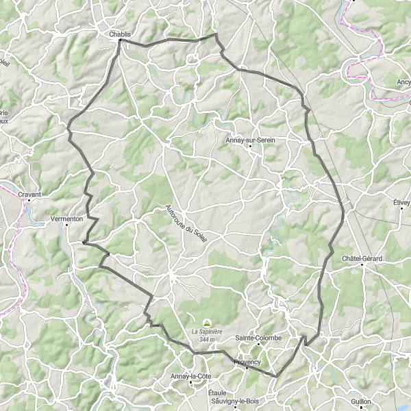 Map miniature of "Chablis Road Escape" cycling inspiration in Bourgogne, France. Generated by Tarmacs.app cycling route planner