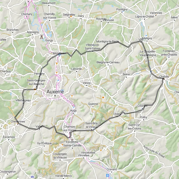 Map miniature of "Chablis Road Tour" cycling inspiration in Bourgogne, France. Generated by Tarmacs.app cycling route planner