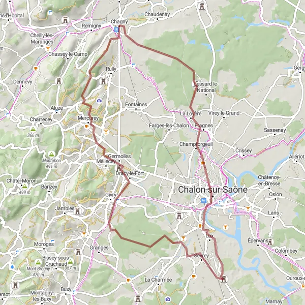Map miniature of "Scenic Gravel Route with Cultural Highlights" cycling inspiration in Bourgogne, France. Generated by Tarmacs.app cycling route planner