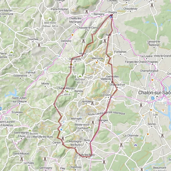 Map miniature of "The Medieval Castles and Vineyards Gravel Route" cycling inspiration in Bourgogne, France. Generated by Tarmacs.app cycling route planner