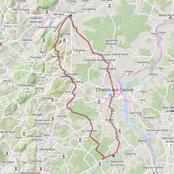 Miniature de la carte de l'inspiration cycliste "Les chemins de gravier de la Bourgogne" dans la Bourgogne, France. Générée par le planificateur d'itinéraire cycliste Tarmacs.app