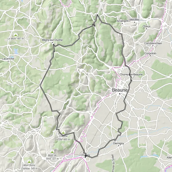 Miniature de la carte de l'inspiration cycliste "Les Collines et Vignobles de Bourgogne" dans la Bourgogne, France. Générée par le planificateur d'itinéraire cycliste Tarmacs.app