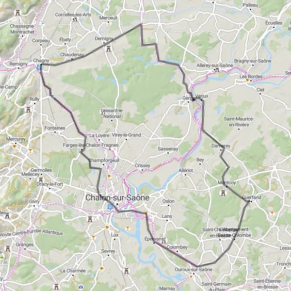 Map miniature of "The Demigny Loop" cycling inspiration in Bourgogne, France. Generated by Tarmacs.app cycling route planner