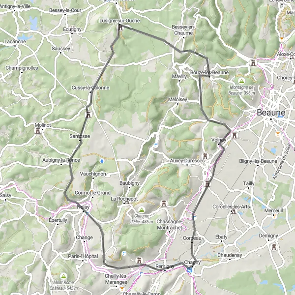 Miniature de la carte de l'inspiration cycliste "Les vignobles de Bourgogne" dans la Bourgogne, France. Générée par le planificateur d'itinéraire cycliste Tarmacs.app