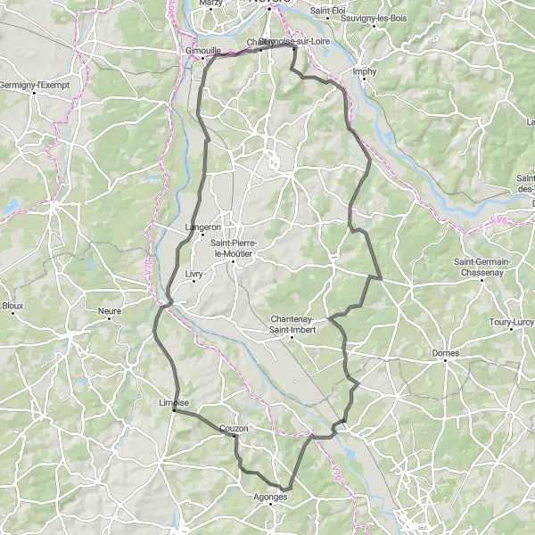 Map miniature of "Mystical Allier Valley" cycling inspiration in Bourgogne, France. Generated by Tarmacs.app cycling route planner