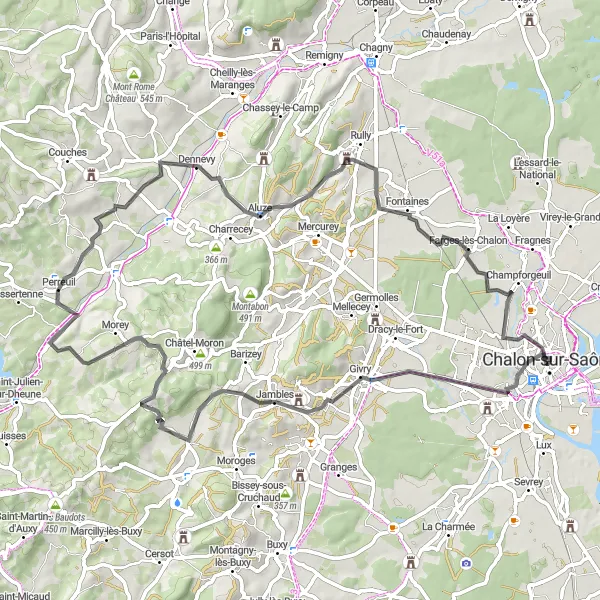 Miniature de la carte de l'inspiration cycliste "Le Tour des Collines et Vignobles" dans la Bourgogne, France. Générée par le planificateur d'itinéraire cycliste Tarmacs.app