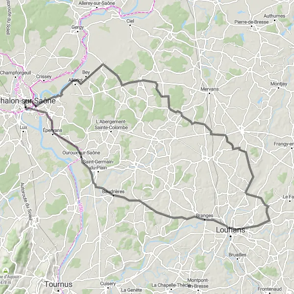 Miniature de la carte de l'inspiration cycliste "La Grande Boucle de Bourgogne" dans la Bourgogne, France. Générée par le planificateur d'itinéraire cycliste Tarmacs.app
