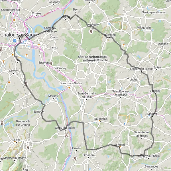 Map miniature of "Bresse Out and Back" cycling inspiration in Bourgogne, France. Generated by Tarmacs.app cycling route planner