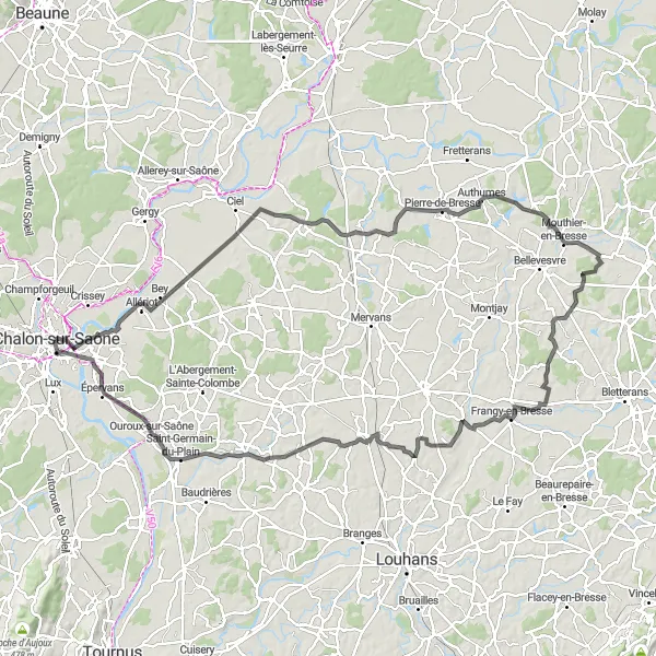 Miniature de la carte de l'inspiration cycliste "Tour à vélo à travers la Bresse bourguignonne" dans la Bourgogne, France. Générée par le planificateur d'itinéraire cycliste Tarmacs.app