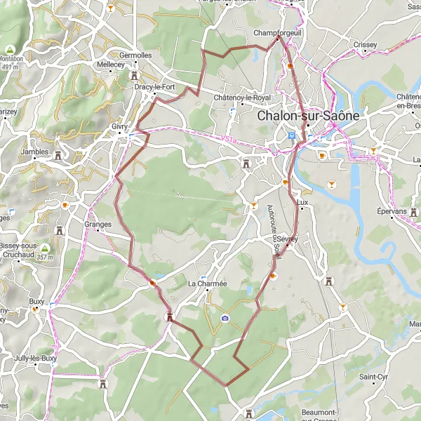 Miniature de la carte de l'inspiration cycliste "Parcours gravier Champforgeuil-43km" dans la Bourgogne, France. Générée par le planificateur d'itinéraire cycliste Tarmacs.app