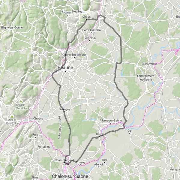 Miniature de la carte de l'inspiration cycliste "Le Tour des Vignobles Bourguignons" dans la Bourgogne, France. Générée par le planificateur d'itinéraire cycliste Tarmacs.app