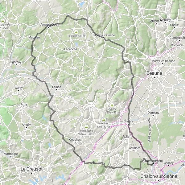 Miniature de la carte de l'inspiration cycliste "Itinéraire routier Champforgeuil-134km" dans la Bourgogne, France. Générée par le planificateur d'itinéraire cycliste Tarmacs.app