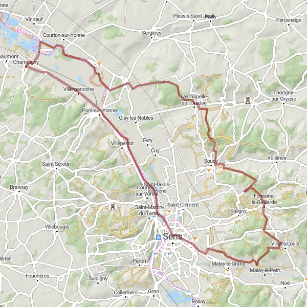 Map miniature of "Champigny to La Chapelle-sur-Oreuse Gravel Challenge" cycling inspiration in Bourgogne, France. Generated by Tarmacs.app cycling route planner