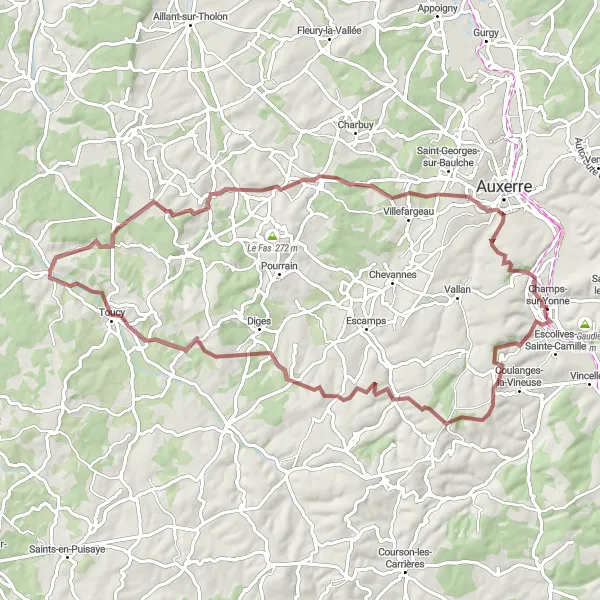 Map miniature of "Gravel Adventure in Rural Burgundy" cycling inspiration in Bourgogne, France. Generated by Tarmacs.app cycling route planner