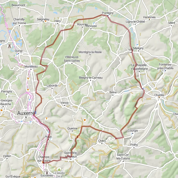 Map miniature of "Scenic Gravel Ride in Central Burgundy" cycling inspiration in Bourgogne, France. Generated by Tarmacs.app cycling route planner
