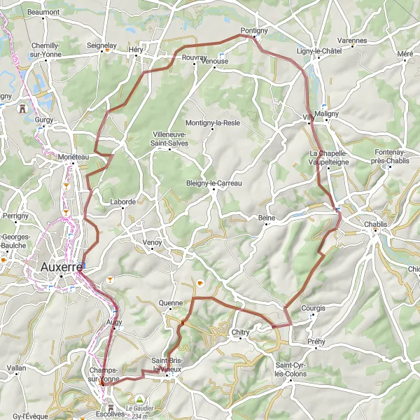 Miniature de la carte de l'inspiration cycliste "Parcours de vélo tout-terrain près de Champs-sur-Yonne" dans la Bourgogne, France. Générée par le planificateur d'itinéraire cycliste Tarmacs.app