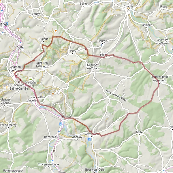 Map miniature of "Enchanting Gravel Trails of Bourgogne" cycling inspiration in Bourgogne, France. Generated by Tarmacs.app cycling route planner