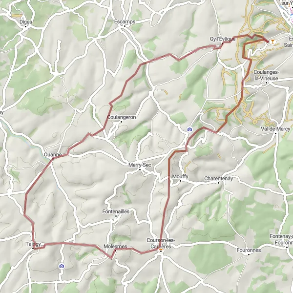 Map miniature of "Scenic Gravel Escape near Gy-l'Évêque" cycling inspiration in Bourgogne, France. Generated by Tarmacs.app cycling route planner