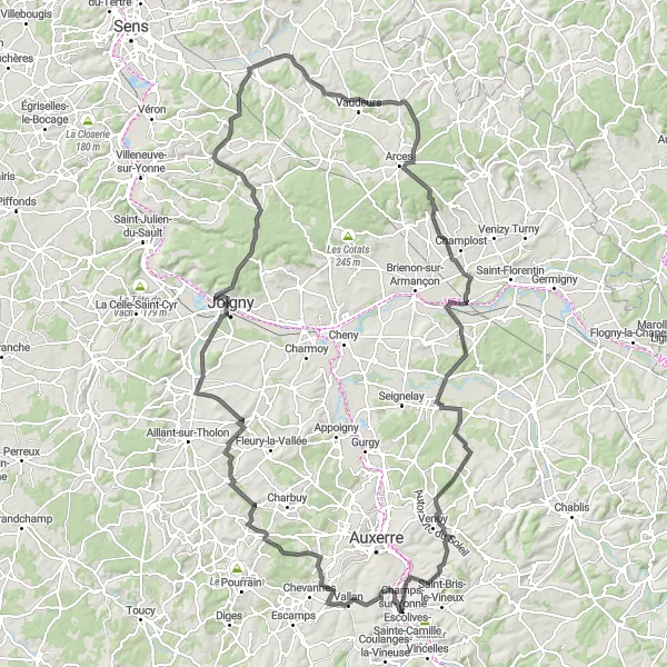 Miniature de la carte de l'inspiration cycliste "Les berges de l'Yonne" dans la Bourgogne, France. Générée par le planificateur d'itinéraire cycliste Tarmacs.app