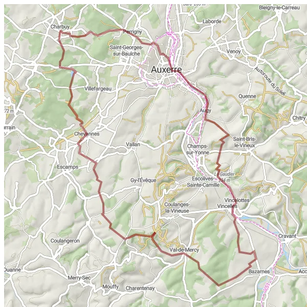 Map miniature of "Château de Sparre and Val-de-Mercy Gravel Loop" cycling inspiration in Bourgogne, France. Generated by Tarmacs.app cycling route planner