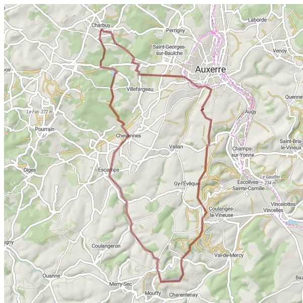 Map miniature of "Montmercy and Avigneau Gravel Loop" cycling inspiration in Bourgogne, France. Generated by Tarmacs.app cycling route planner