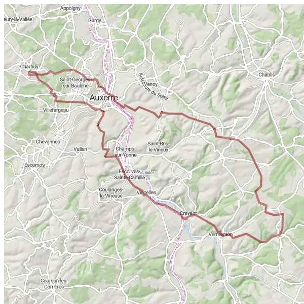Map miniature of "The Vineyards and Villages Gravel Route" cycling inspiration in Bourgogne, France. Generated by Tarmacs.app cycling route planner