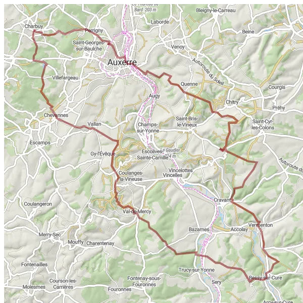 Map miniature of "Lucy-sur-Cure and Borne-colonne Gravel Loop" cycling inspiration in Bourgogne, France. Generated by Tarmacs.app cycling route planner