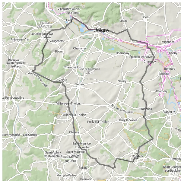 Map miniature of "Joigny and Volgré Road Loop" cycling inspiration in Bourgogne, France. Generated by Tarmacs.app cycling route planner