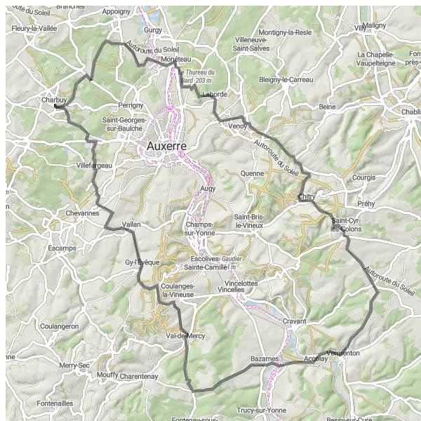 Map miniature of "Gy-l'Évêque and Villefargeau Road Loop" cycling inspiration in Bourgogne, France. Generated by Tarmacs.app cycling route planner