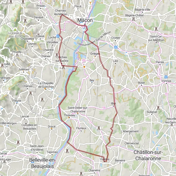 Miniature de la carte de l'inspiration cycliste "Boucle de Grièges" dans la Bourgogne, France. Générée par le planificateur d'itinéraire cycliste Tarmacs.app