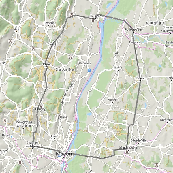 Map miniature of "Saône Valley Loop" cycling inspiration in Bourgogne, France. Generated by Tarmacs.app cycling route planner