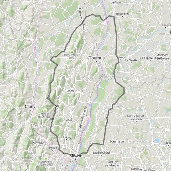 Map miniature of "Discovering Beaujolais" cycling inspiration in Bourgogne, France. Generated by Tarmacs.app cycling route planner