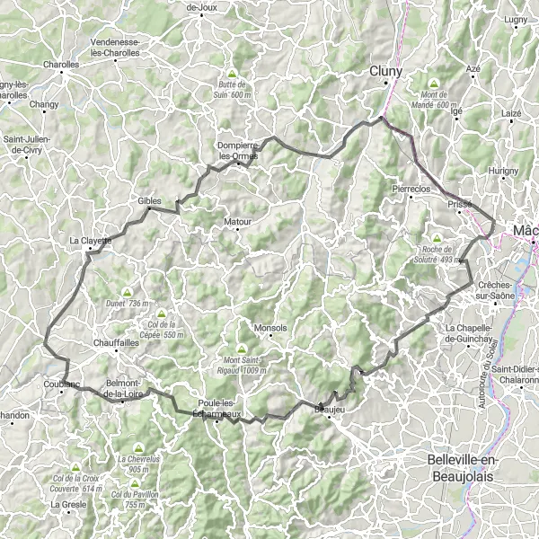 Miniature de la carte de l'inspiration cycliste "Circuit Route à travers Beaujolais et Mâconnais" dans la Bourgogne, France. Générée par le planificateur d'itinéraire cycliste Tarmacs.app