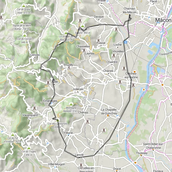Miniature de la carte de l'inspiration cycliste "Parcours vers Davayé" dans la Bourgogne, France. Générée par le planificateur d'itinéraire cycliste Tarmacs.app