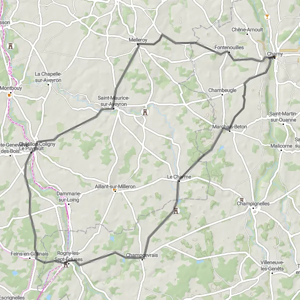 Map miniature of "Charny to Rogny-les-Sept-Écluses Loop" cycling inspiration in Bourgogne, France. Generated by Tarmacs.app cycling route planner