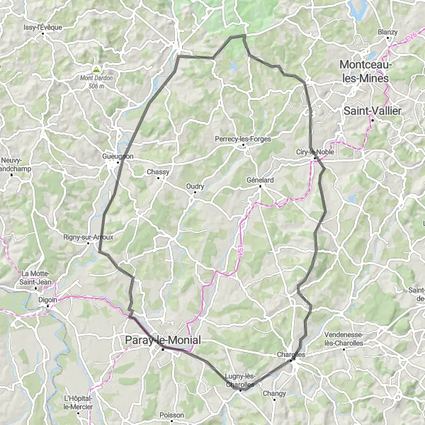 Miniature de la carte de l'inspiration cycliste "La Boucle de Paray-le-Monial" dans la Bourgogne, France. Générée par le planificateur d'itinéraire cycliste Tarmacs.app