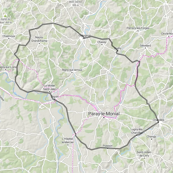 Miniature de la carte de l'inspiration cycliste "Boucle de Charolles et environs" dans la Bourgogne, France. Générée par le planificateur d'itinéraire cycliste Tarmacs.app