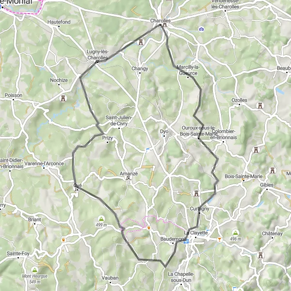 Miniature de la carte de l'inspiration cycliste "Tour de villages pittoresques" dans la Bourgogne, France. Générée par le planificateur d'itinéraire cycliste Tarmacs.app