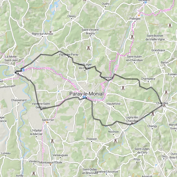 Map miniature of "The Charolais Valley Ride" cycling inspiration in Bourgogne, France. Generated by Tarmacs.app cycling route planner