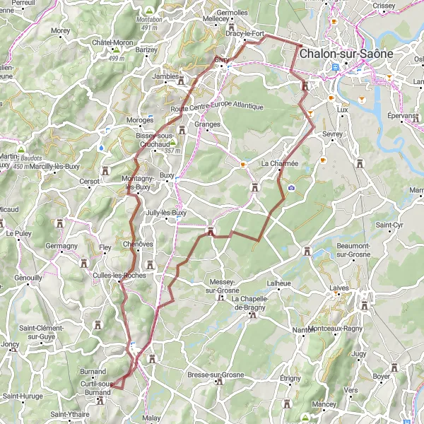 Map miniature of "The Castle Odyssey" cycling inspiration in Bourgogne, France. Generated by Tarmacs.app cycling route planner